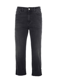 Jeans en denim noir taille haute, avec cinq poches et un ourlet brut au niveau de la cheville. Présente un bouton argenté et des passants de ceinture traditionnels.