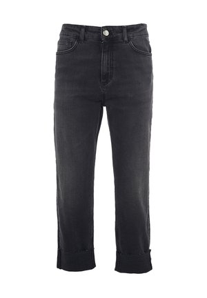 Jeans in denim nero con vita alta, cinque tasche e orlo grezzo alla caviglia. Presentano un bottone argento e passanti per cintura tradizionali.