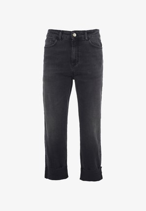 Jeans in denim nero con vita alta, cinque tasche e orlo grezzo alla caviglia. Presentano un bottone argento e passanti per cintura tradizionali.