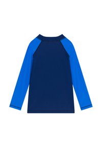 Maglietta da nuoto a maniche lunghe in blu scuro e blu brillante, caratterizzata da un design raglan e una texture liscia, adatta per attività acquatiche.