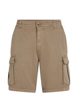 Beige cargoshorts van lichtgewicht stof, met twee zijkanten, een knoopsluiting en riemlussen voor een verstelbare pasvorm.