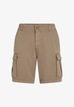 Beige cargoshorts van lichtgewicht stof, met twee zijkanten, een knoopsluiting en riemlussen voor een verstelbare pasvorm.