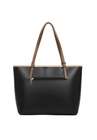 Borsa tote nera realizzata in materiale sintetico, con manici in pelle marrone e una tasca frontale con zip. Texture liscia e forma strutturata.