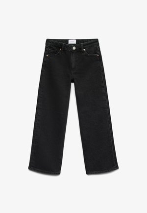 Zwarte jeans met wijde pijpen gemaakt van denim, voorzien van een knoopsluiting, vijf zakken en subtiele stiksel details in de stof.