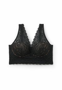 Schwarzer Spitzen-Bralette mit gewellten Kanten, floralen Mustern und gepolsterten Cups, ausgestattet mit einem Rückenverschluss und breiten Trägern für Unterstützung.
