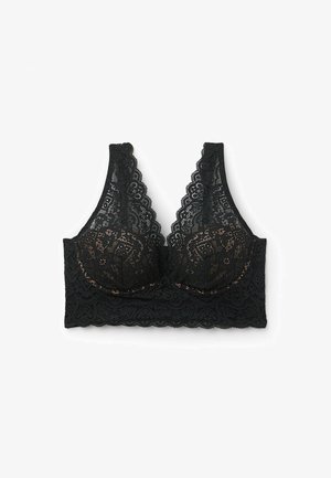 Zwarte kanten bralette met golvende randen, bloemmotieven en gevoerde cups, voorzien van een sluiting op de rug en brede bandjes voor extra ondersteuning.