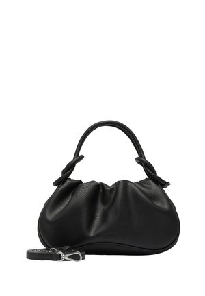 Soft black leather handbag with gathered top, short rounded handles, and a detachable strap with silver clasp on a white background.