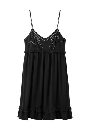 Schwarzes ärmelloses Kleid mit dünnen Trägern, bestickten Blumenmotiven am Oberteil und Rüschensaum an Taille und Saum.