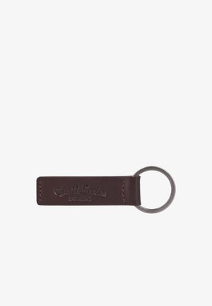 Dunkelbrauner Leder-Schlüsselanhänger mit Metallring und geprägtem Markennamen "Qualit Leder studio" auf dem Lederband.