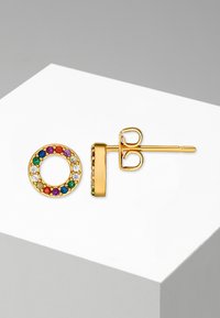 Orecchini a cerchio in oro caratterizzati da un design circolare adornato con cristalli multicolori e strass trasparenti. Include un perno e una chiusura a farfalla.