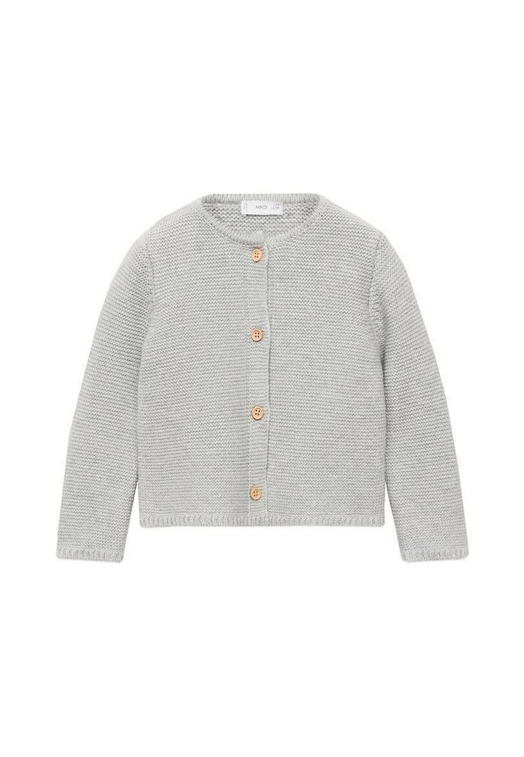 Grå stickad cardigan med långa ärmar, rund hals, träknappslåsning och ett strukturerat, vävt mönster. Kort längd design.