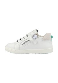White leather sneaker with gray suede accents, black and white striped laces, and a turquoise heel tab. Features a side zipper for easy access.