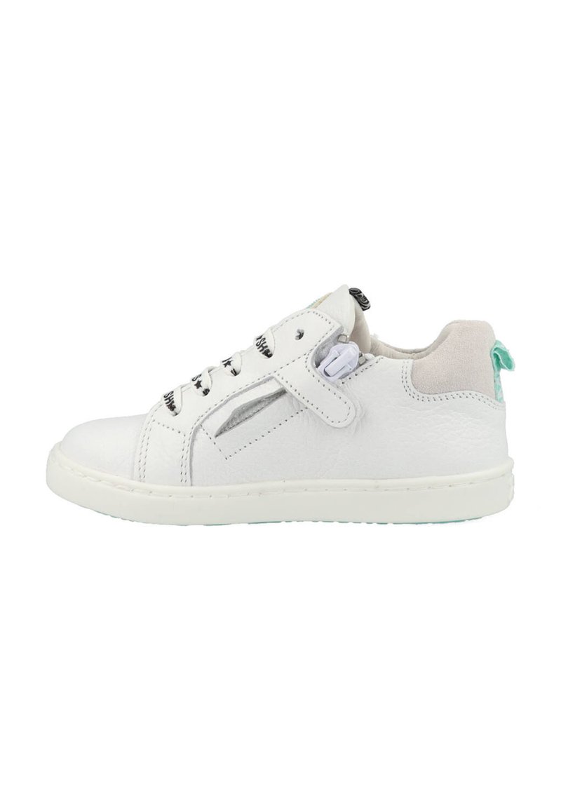 White leather sneaker with gray suede accents, black and white striped laces, and a turquoise heel tab. Features a side zipper for easy access.