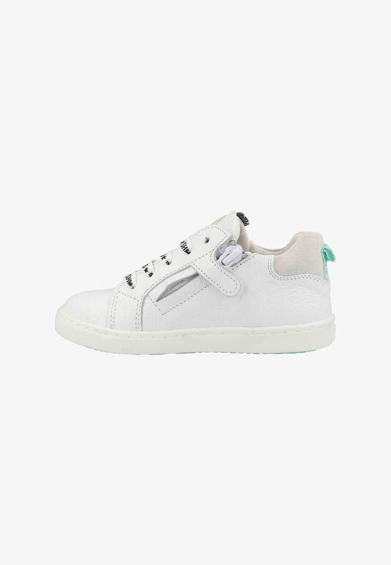 White leather sneaker with gray suede accents, black and white striped laces, and a turquoise heel tab. Features a side zipper for easy access.
