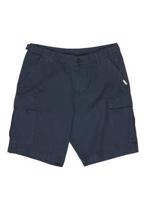 Pantaloncini cargo blu navy con chiusura a bottone, passanti per cintura, tasche laterali e ampie tasche con patta su ogni coscia.