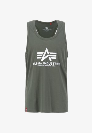 Olive green tank top made of cotton, featuring a white logo with triangular design and text. Round neck, sleeveless, lightweight fabric.