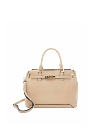 Sac à main en cuir beige avec deux poignées supérieures, une bandoulière amovible et un détail boucle dorée à l'avant.