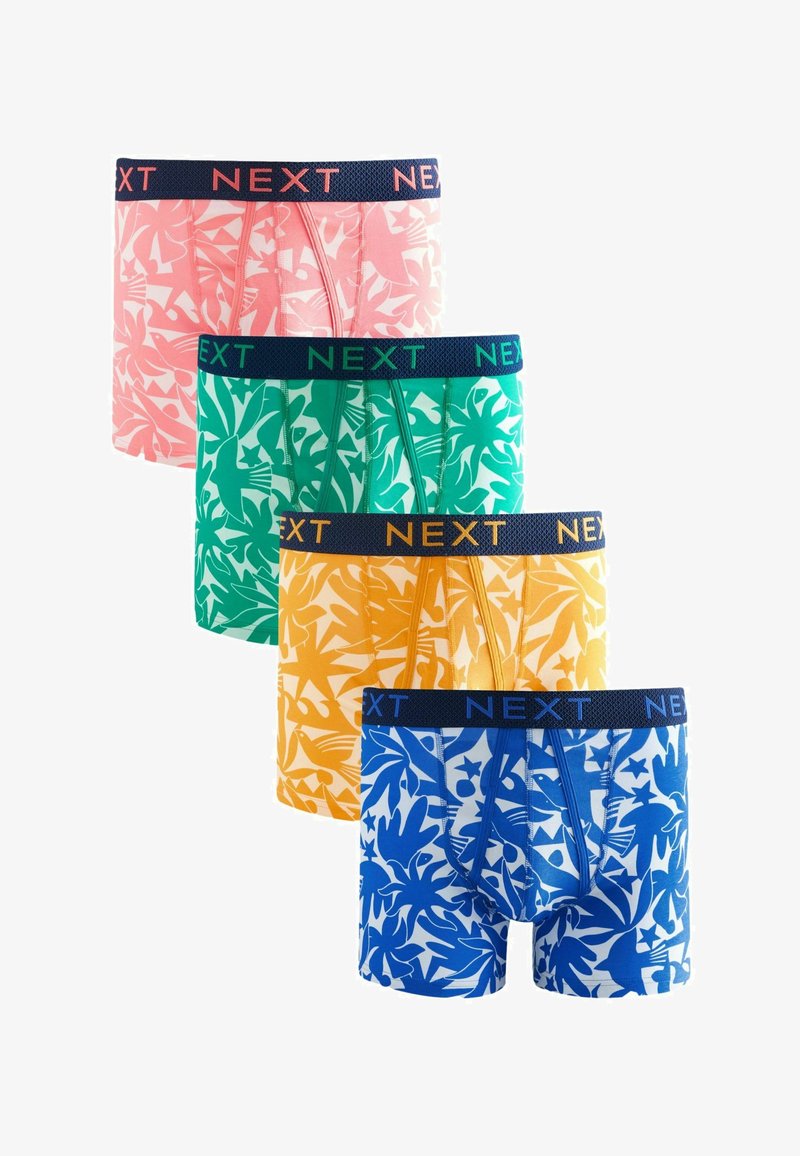 Four pairs of men's boxers in pink, green, yellow, and blue with contrasting tropical leaf patterns and dark blue elastic bands labeled "NEXT."