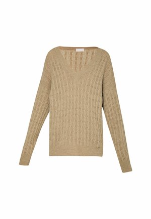 Maglione beige a maglia con scollatura a V, caratterizzato da un motivo testurizzato e maniche lunghe. Orlo e polsini a coste con un piccolo dettaglio del logo nella parte inferiore.