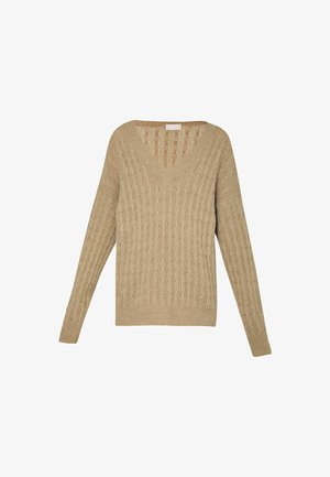Maglione beige a maglia con scollatura a V, caratterizzato da un motivo testurizzato e maniche lunghe. Orlo e polsini a coste con un piccolo dettaglio del logo nella parte inferiore.