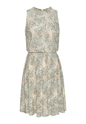 Ärmelloses knielanges Kleid mit taillierter Taille aus beigem Stoff mit abstraktem grünem und grauem Tiermuster.