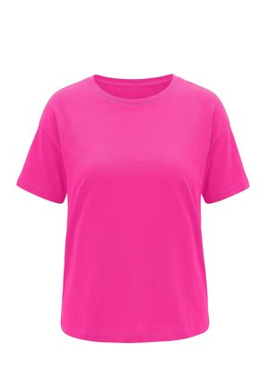 Hellpinkes T-Shirt mit kurzen Ärmeln und rundem Halsausschnitt in lässiger Passform, dargestellt vor einem weißen Hintergrund.