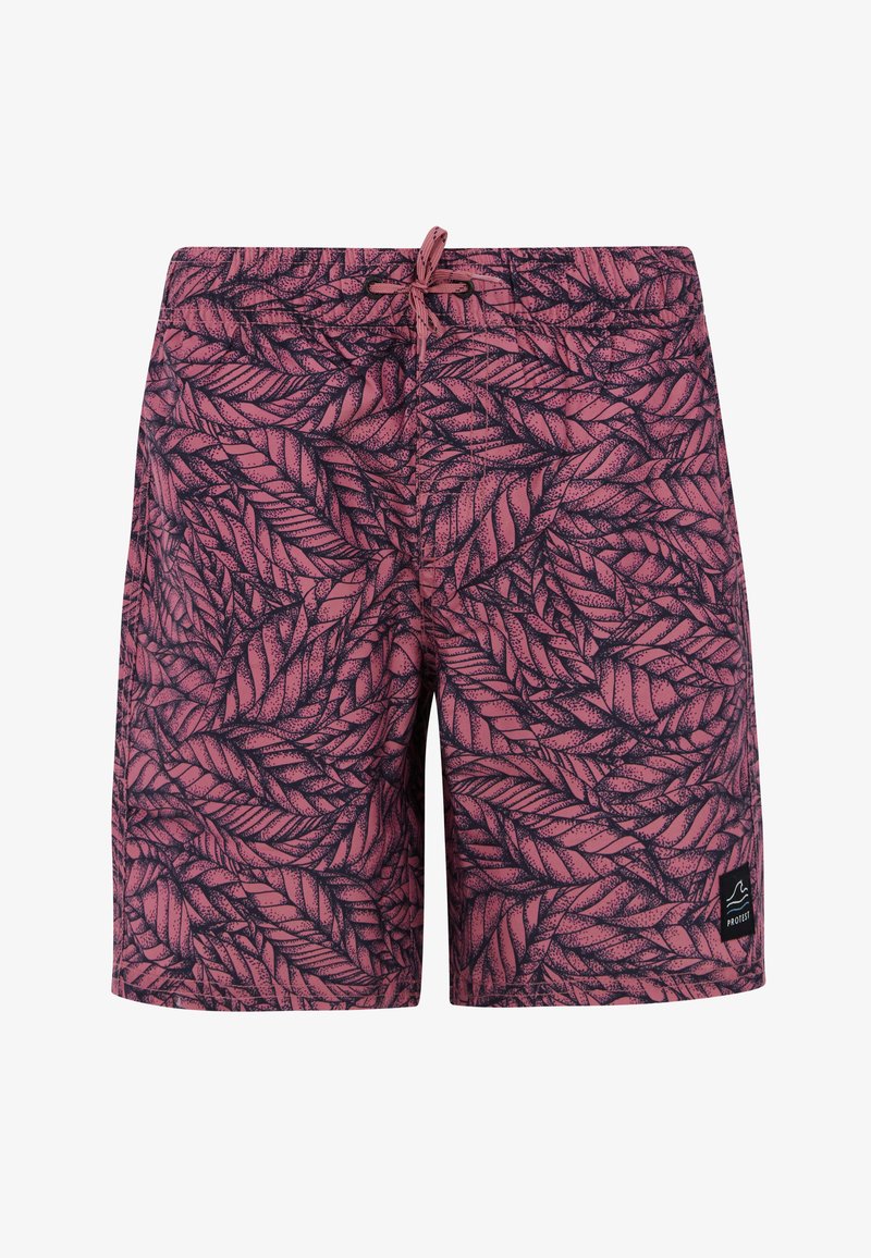 Costume da bagno con motivo a foglie in rosa e blu, dotati di vita con cordoncino, caratterizzati da un'etichetta nera del marchio in basso a destra. Tessuto morbido e testurizzato.