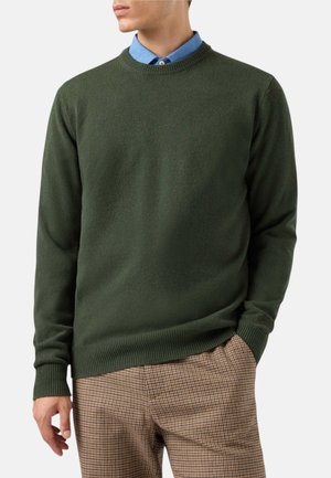 Uomo che indossa un maglione verde scuro girocollo sopra una camicia blu con bottoni e pantaloni marroni a quadri, in piedi con una mano in tasca.
