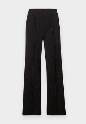 Pantaloni neri a palazzo con vita elastica e un sottile motivo testurizzato, realizzati in un tessuto con una leggera lucentezza.