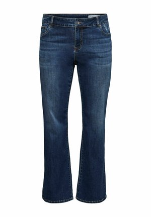 Dark blue denim jeans with slight flare legs, front pockets, button closure, and subtle fading on thighs.