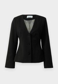 Zwarte getailleerde blazer met drie bedekte knopen, V-hals, lange mouwen en gestreepte voering zichtbaar bij de kraag.
