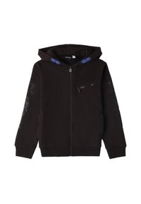 Sudadera con cremallera negra, hecha de un tejido suave, con un bolsillo frontal con cremallera y cordones azules. Estampado gris en la manga izquierda.