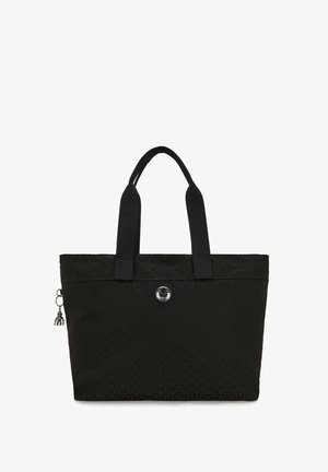 Borsa a spalla nera con doppio manico, sottile motivo a diamante, bottone frontale con logo e piccolo portachiavi a forma di scimmia sul tirazip.