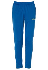 Blaue Sporthosen mit einem elastischen Bund, hergestellt aus glattem Stoff. Verfügt über ein kleines gelbes Logo am linken Oberschenkel. Keine sichtbaren Taschen.