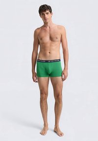 Boxer verdi in cotone con vita blu navy che presenta il nome del marchio "TOM TAILOR". Tessuto liscio e design aderente.