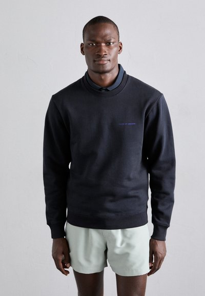 Marineblaues Sweatshirt mit Rundhalsausschnitt, ausgestattet mit einem kleinen blauen „TIGER OF SWEDEN“-Logo auf der Brust, das über einem dunklen Hemd mit Kragen getragen wird.
