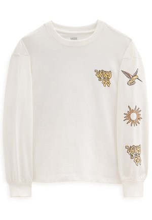 Camisa blanca de manga larga con estampados gráficos coloridos: un colibrí, un sol y el texto "VANS 66" en la parte delantera y las mangas. Tela de algodón suave.