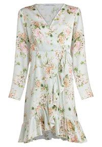 Abito a portafoglio floreale in tessuto verde chiaro, con maniche lunghe, scollatura a V, vita legata e orlo arricciato, decorato con fiori rosa e crema.