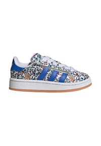 Floral-patterned sneaker with a white base, blue stripes, and a textured rubber sole. Features white laces and a padded collar.