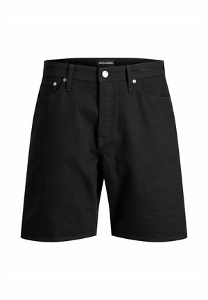 Short en jean noir avec poches avant, passants pour ceinture, fermeture à boutons, et une étiquette Jack & Jones sur la ceinture intérieure.