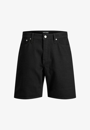 Short en jean noir avec poches avant, passants pour ceinture, fermeture à boutons, et une étiquette Jack & Jones sur la ceinture intérieure.