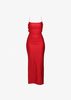 Rotes Midi-Kleid mit dünnen Trägern, figurbetonter Silhouette und leichtem Glanz. Mit kleinen weißen Punkten überall für ein dezentes Muster.