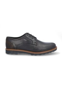Zapato negro de cuero con cordones, con un upper liso, acento en el tacón marrón contrastante, plantilla cosida y suela de goma texturizada.