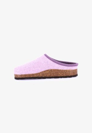 Zoccoli in feltro viola con suola in sughero. La parte superiore presenta una texture morbida, mentre la suola è nera con una superficie antiscivolo per garantire stabilità.