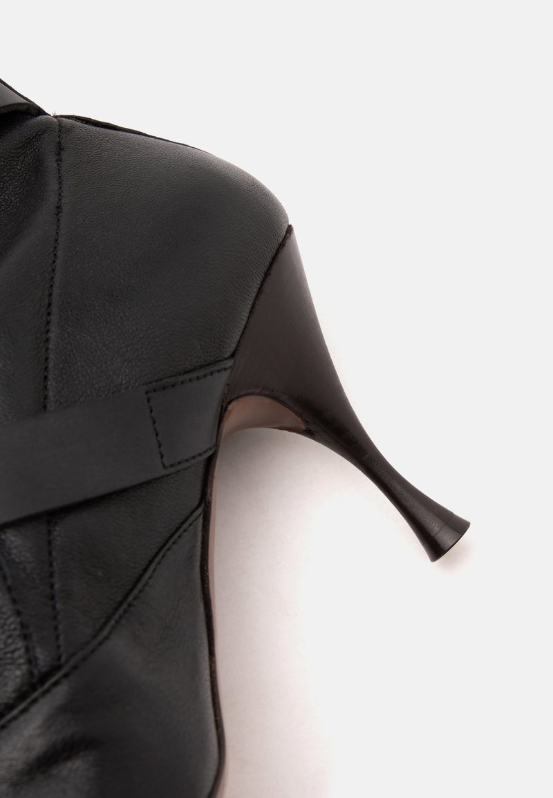 Close-up of a black leather high-heeled shoe focusing on the pointed stiletto heel and stitched leather upper.
