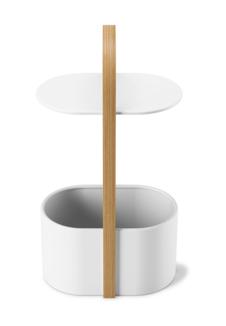 Unità di stoccaggio a due piani con base arrotondata bianca e ripiano superiore, collegati da una maniglia verticale in legno chiaro. Superficie liscia, design moderno.