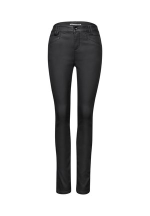 Zwarte skinny jeans van rekbaar materiaal. Heeft een standaard tailleband, ritsopening en twee voorkruimelzakken met subtiele stikseldetails.
