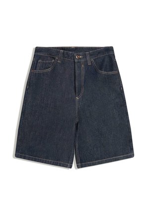 Dunkelblaue Jeansshorts mit geradem Schnitt, Fünf-Taschen-Design und kontrastierenden Nähten. Verfügt über einen vorderen Knopf- und Reißverschluss.
