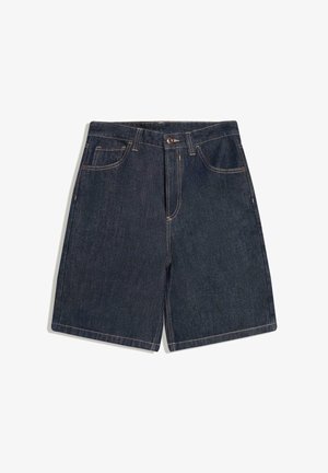 Pantaloni scurți din denim albastru închis, cu croială dreaptă, design cu cinci buzunare și cusături contrastante. Dispune de închidere frontală cu nasture și fermoar.