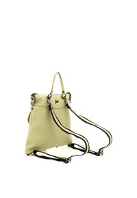 Borsa a mano in pelle gialla con dettagli neri, doppi manici superiori, tracolle regolabili e superficie strutturata. Presenta chiusura a scatto e logo.